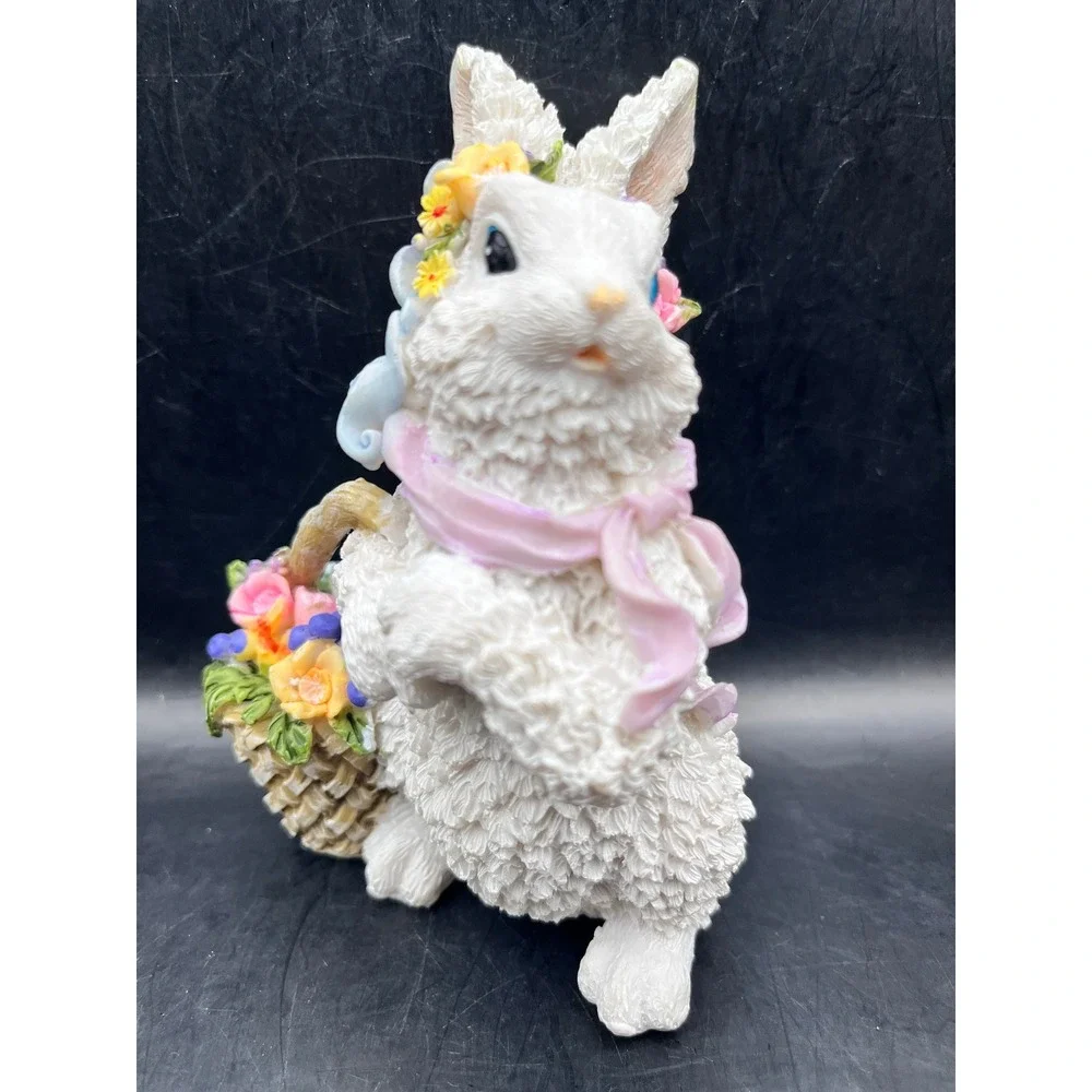 White Resin Easter‎ Bunny Figurine Floral Basket Scarf Figurine Decorative 5